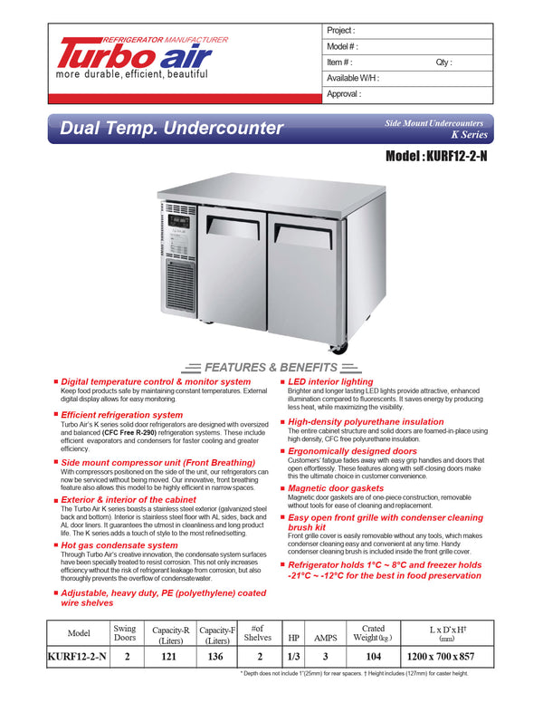 Turbo Air KURF12-2-N - 1200mm One Solid Door Refrigerator/Freezer