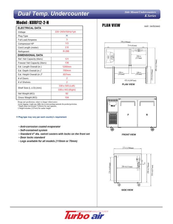 Turbo Air KURF12-2-N - 1200mm One Solid Door Refrigerator/Freezer
