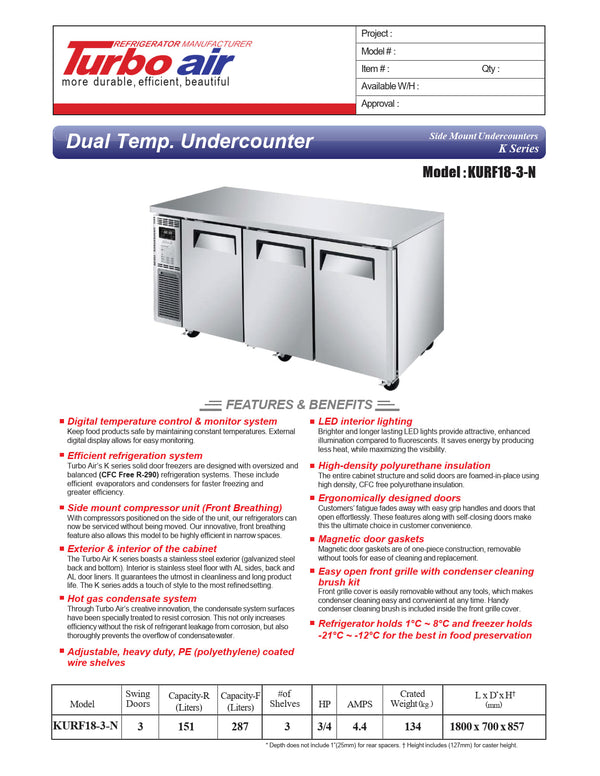 Turbo Air KURF18-3-N - 1800mm Double Solid Door Refrigerator/Freezer