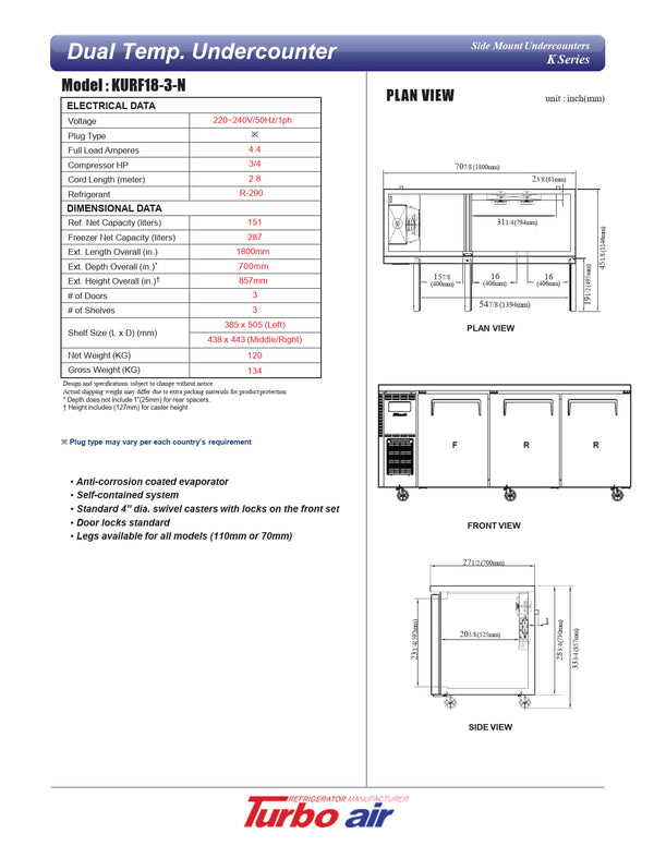 Turbo Air KURF18-3-N - 1800mm Double Solid Door Refrigerator/Freezer