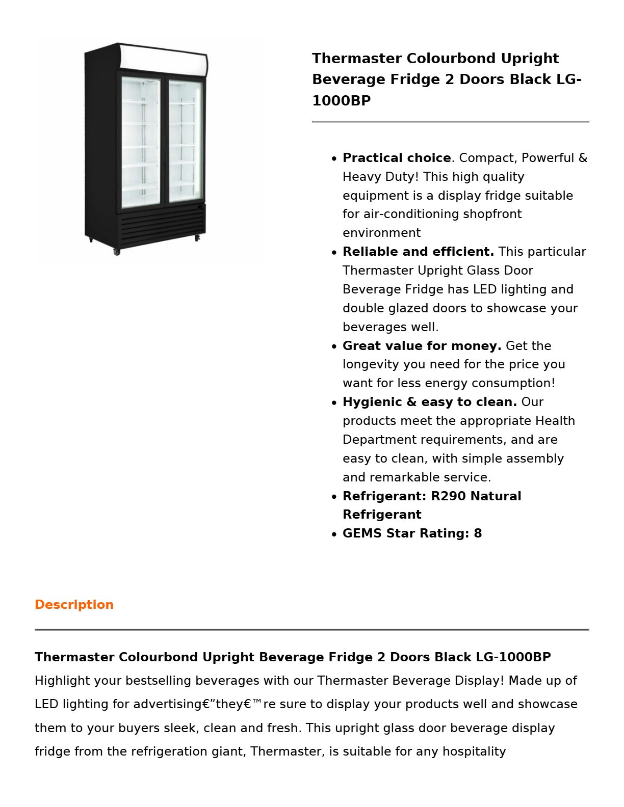 Thermaster LG-1000BP - Upright Beverage Fridge