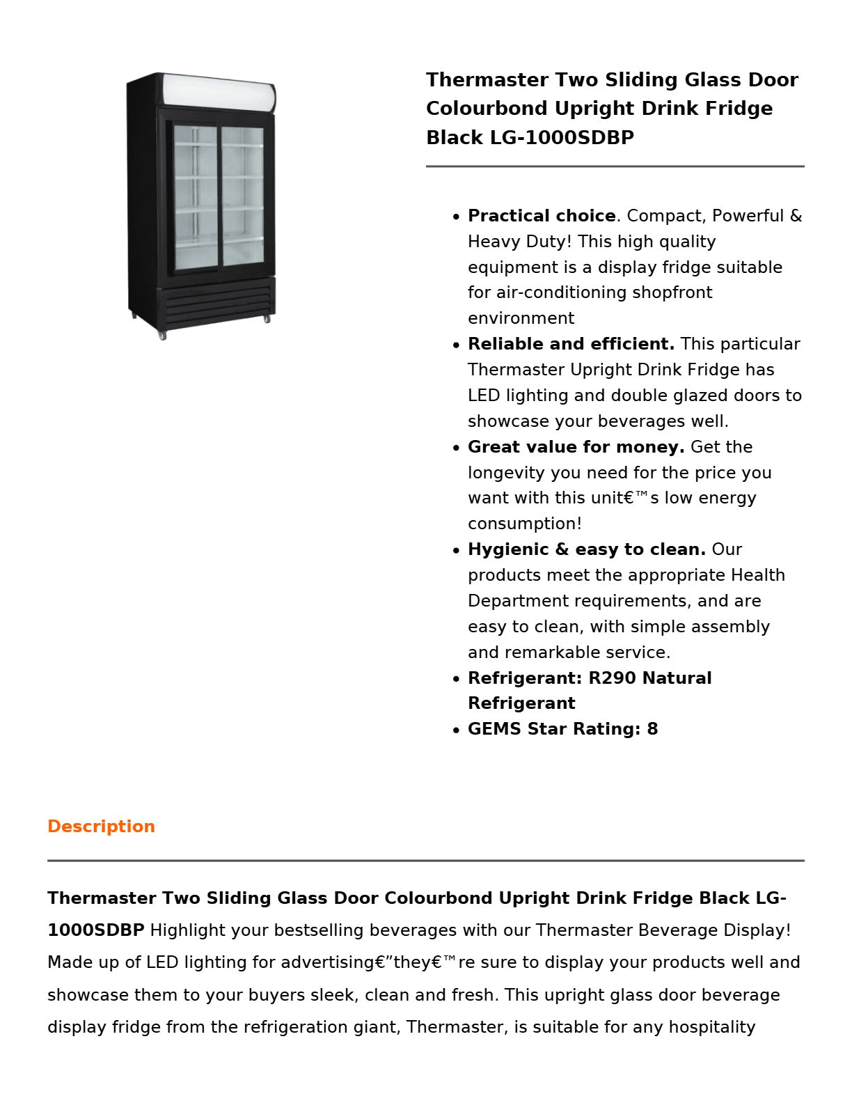 Thermaster LG-1000SDBP - Upright Beverage Fridge