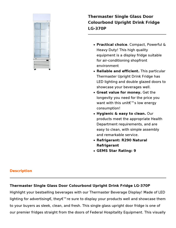 Thermaster LG-370P - Upright Beverage Fridge
