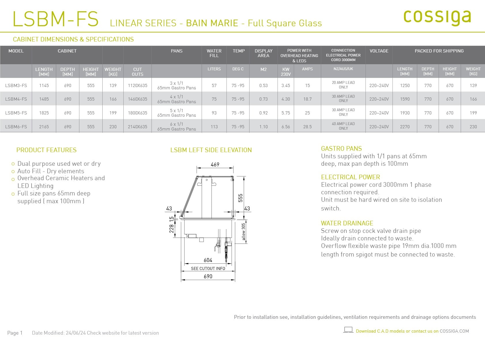 Cossiga Linear Series LSBM5-FS - Bain Marie with Full Square Glass
