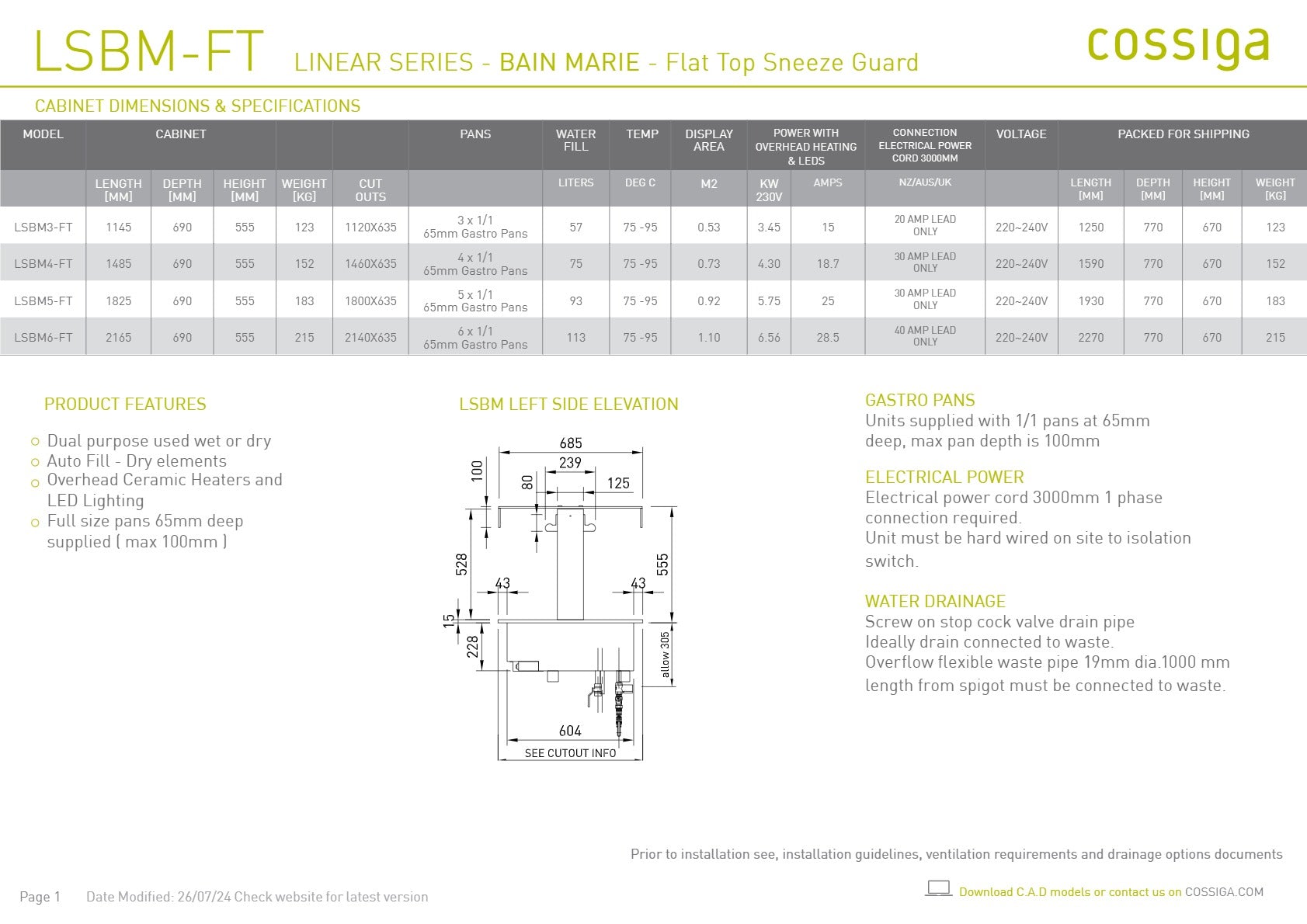 Cossiga Linear Series LSBM5-FT - Bain Marie with Flat Top Sneeze Guard