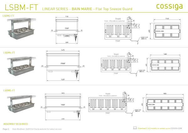 Cossiga Linear Series LSBM4-FT - Bain Marie with Flat Top Sneeze Guard