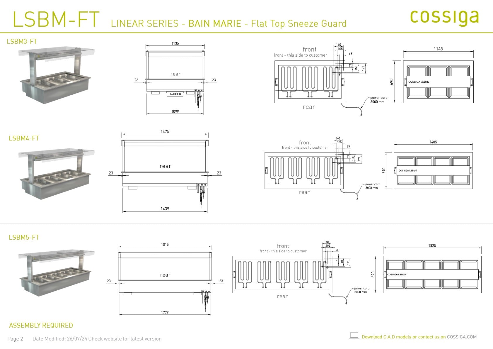 Cossiga Linear Series LSBM5-FT - Bain Marie with Flat Top Sneeze Guard