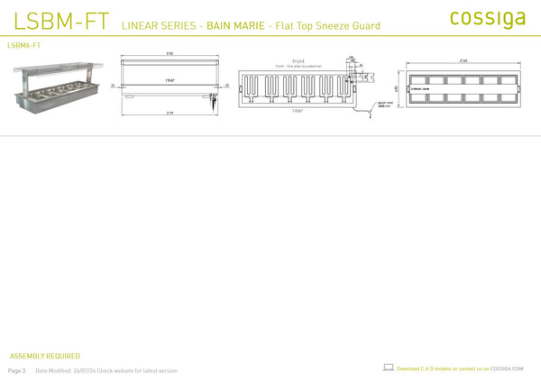 Cossiga Linear Series LSBM6-FT - Bain Marie with Flat Top Sneeze Guard