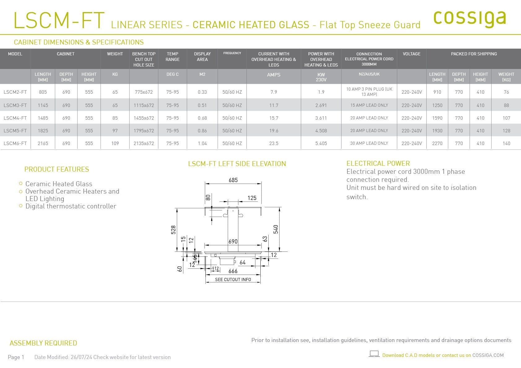 Cossiga Linear Series LSCM2-FT - Ceramic Hotplate with Flat Top Sneeze Guard