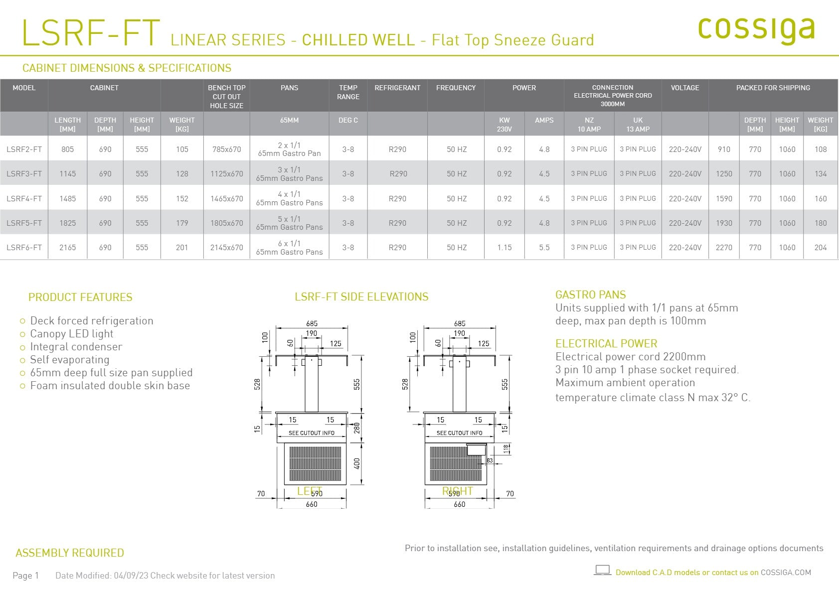 Cossiga Linear Series LSRF2-FT - Drop-In Chilled Well with Flat Top Sneeze Guard