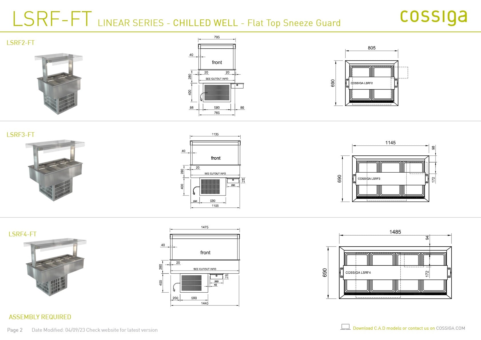 Cossiga Linear Series LSRF3-FT - Drop-In Chilled Well with Flat Top Sneeze Guard