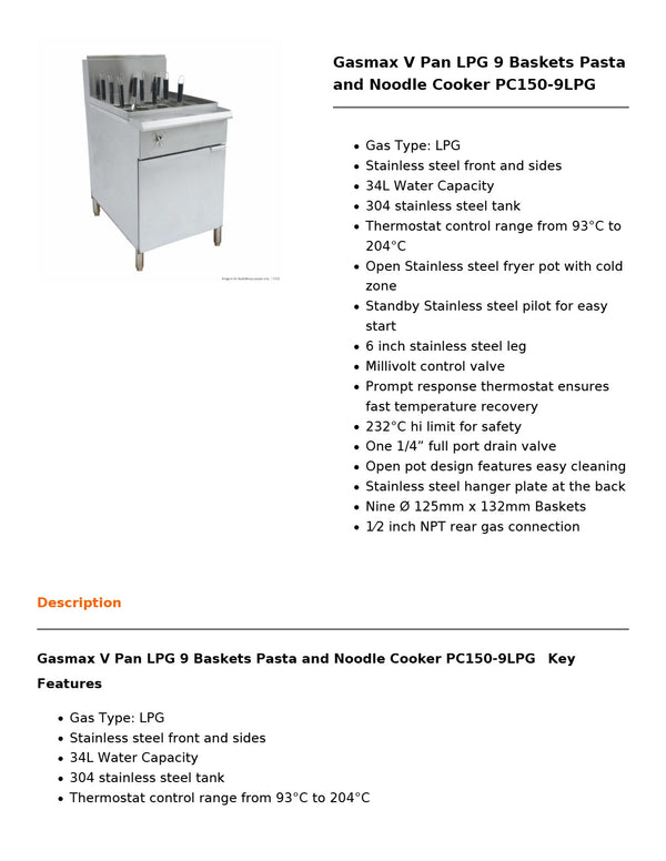 Gasmax PC150-9LPG - Pasta & Noodle Cooker