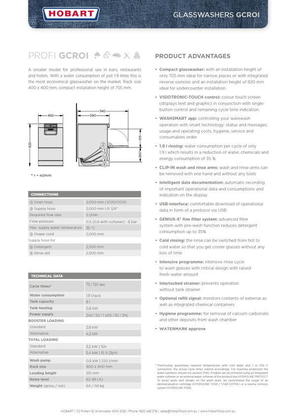 Hobart PROFI GCROI - Undercounter Glasswasher