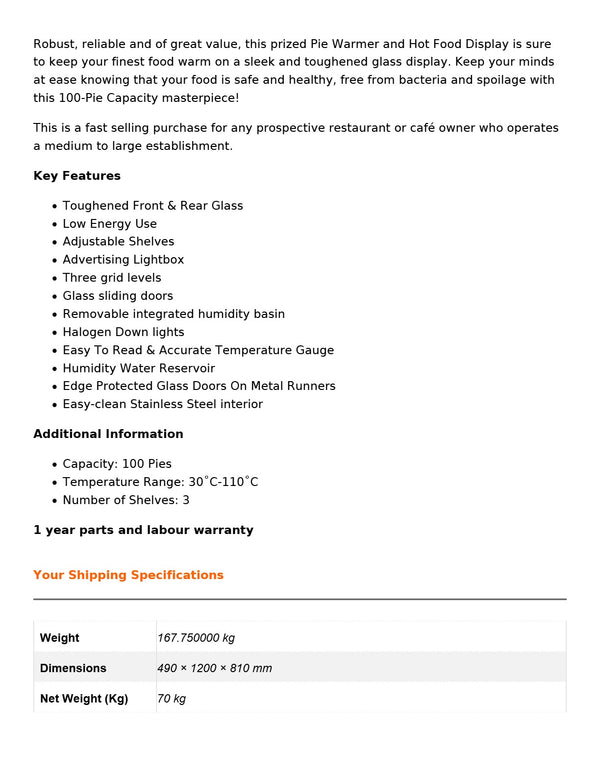 Benchstar PW-RT/1200/1E - Pie Warmer