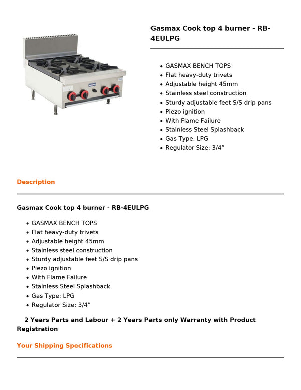 Gasmax RB-4EULPG - 4 Burner Cook Top