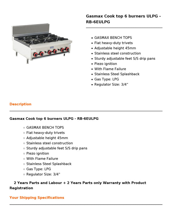 Gasmax RB-6EULPG - 6 Burner Cook Top