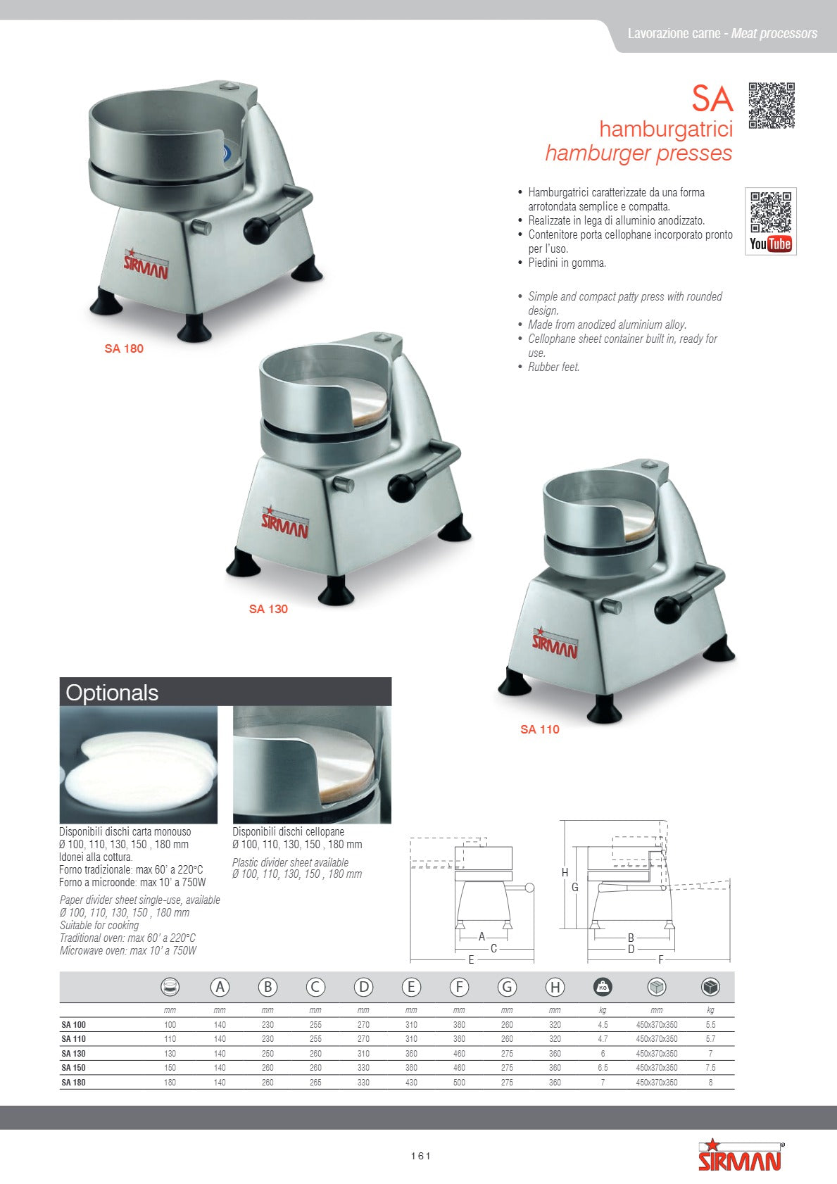 Sirman S40004150 SA150 - Manual Hamburger Press