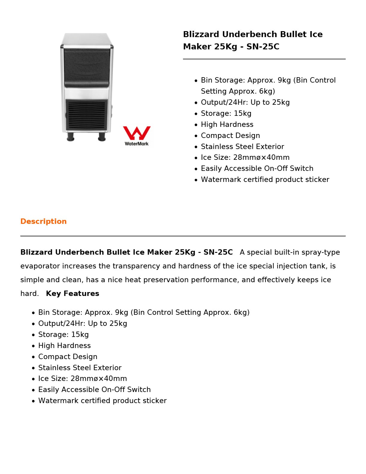 Blizzard SN-25C - Underbench Bullet Ice Maker