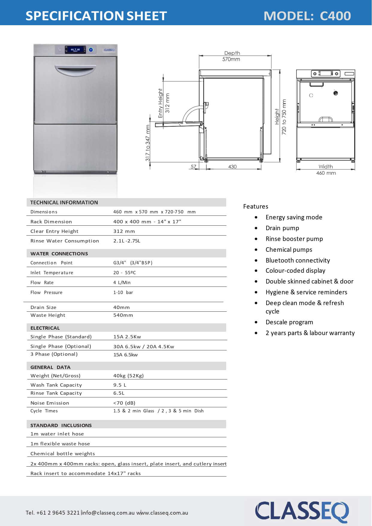 Classeq C400 - Undercounter Dishwasher