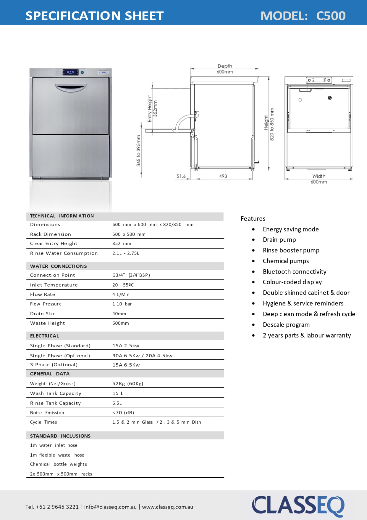 Classeq C500 - Undercounter Dishwasher