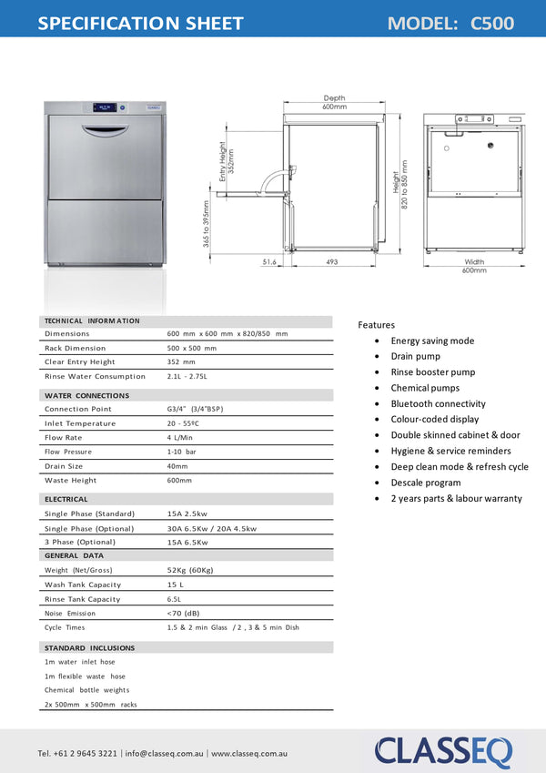 Classeq C500 - Undercounter Dishwasher