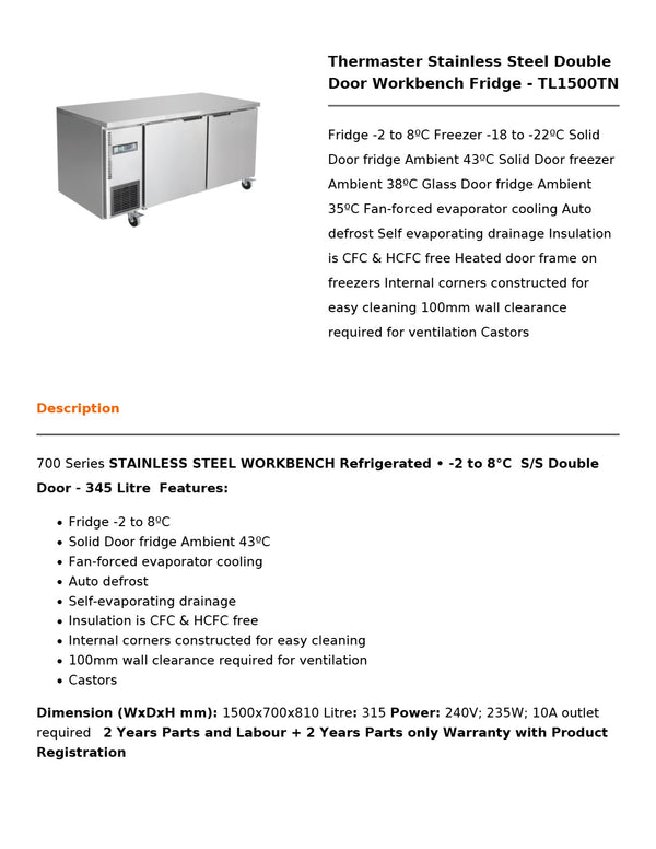 Thermaster TL1500TN - Work Bench Fridge