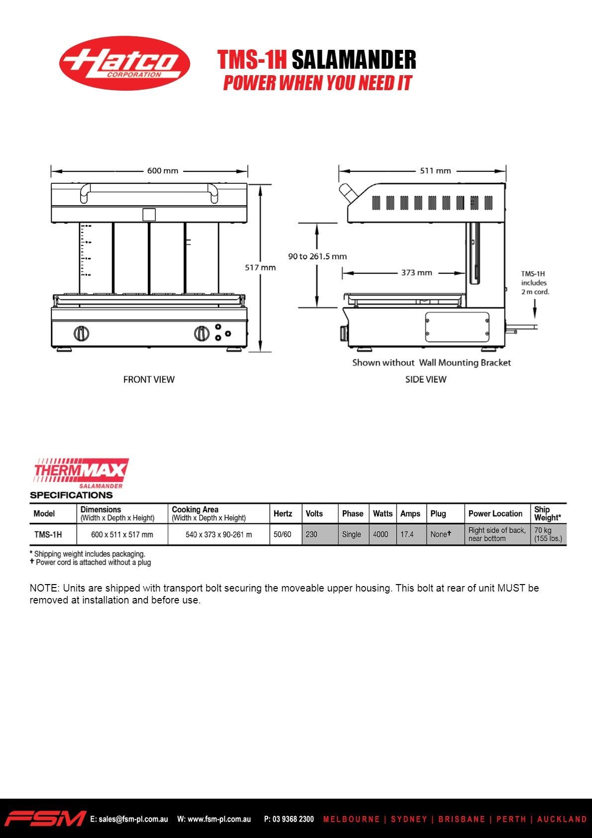 Hatco Thermax TMS2-1H - Salamander