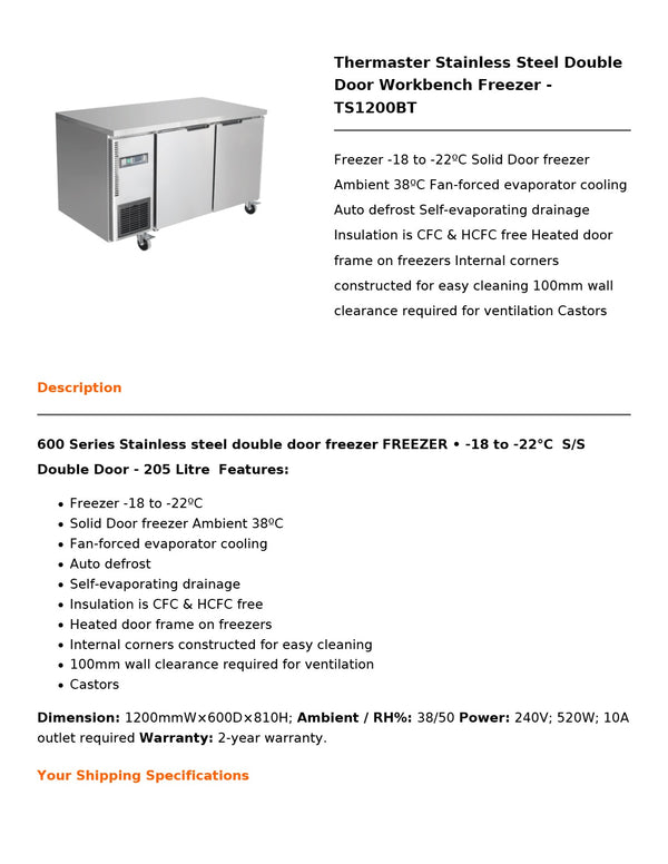 Thermaster TS1200BT - Work Bench Freezer