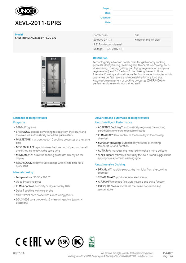 Unox Cheftop Big Gas XEVL-2011-GPRS - Combi Oven