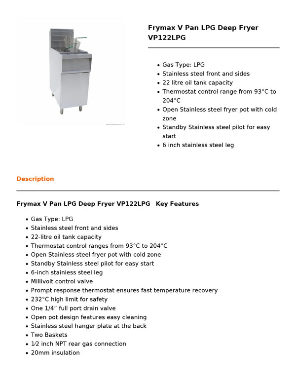 Frymax VP122LPG - Fryer