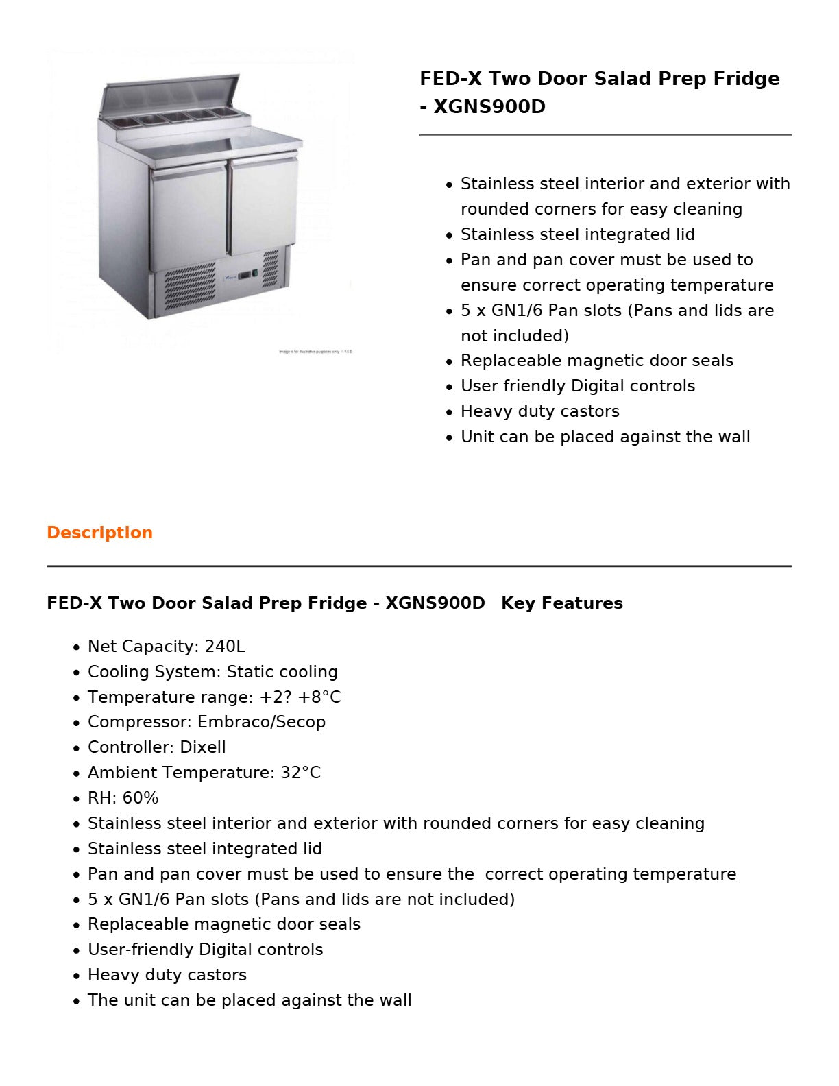 FED-X XGNS900D - Salad Prep Fridge