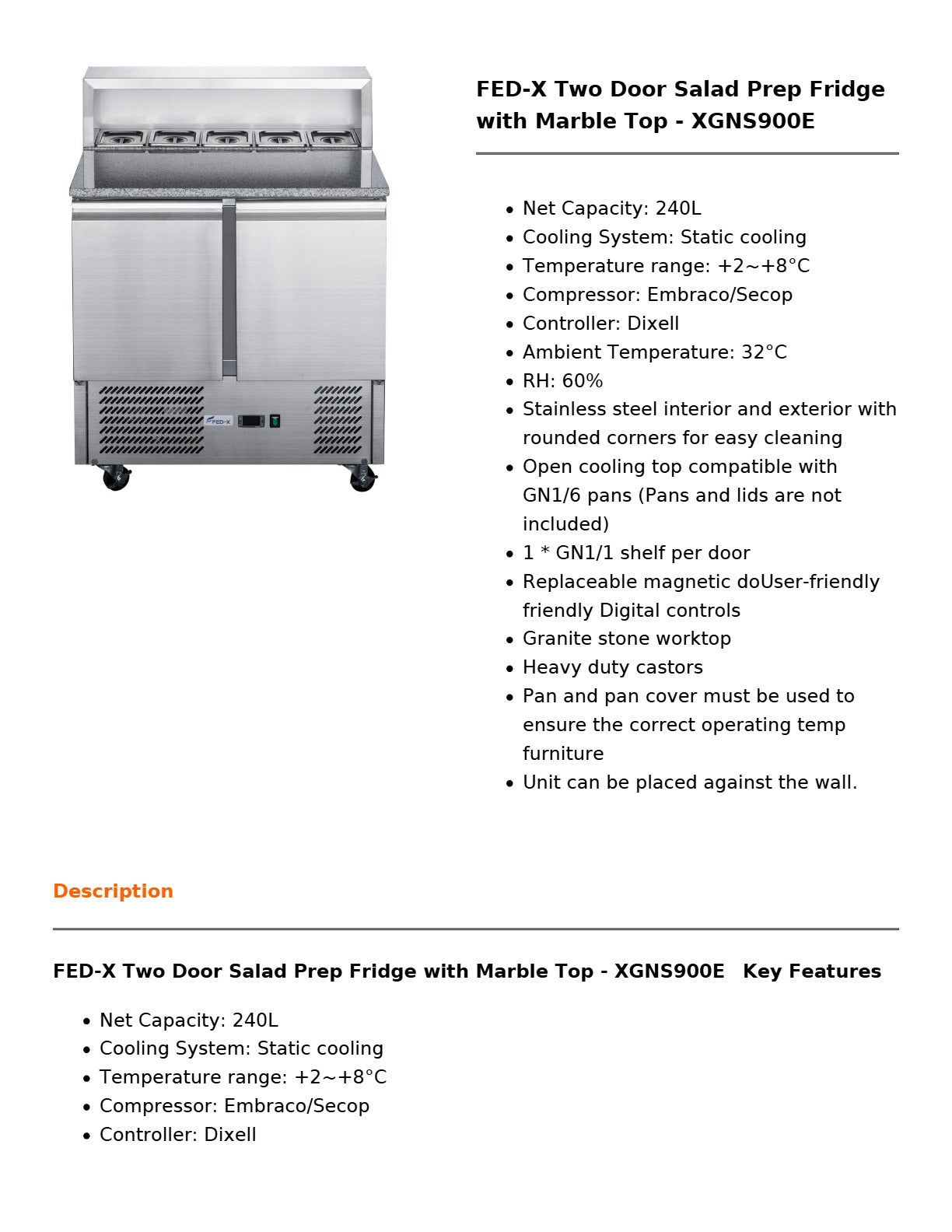 FED-X XGNS900E - Salad Prep Fridge