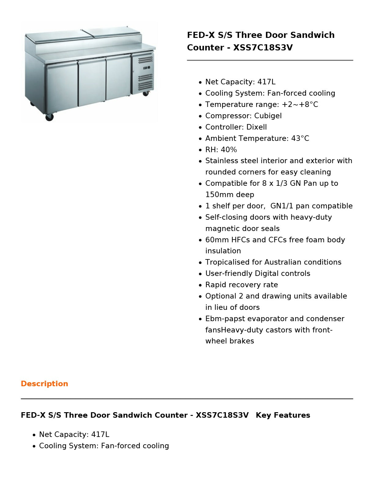 FED-X XSS7C18S3V - Sandwich Counter