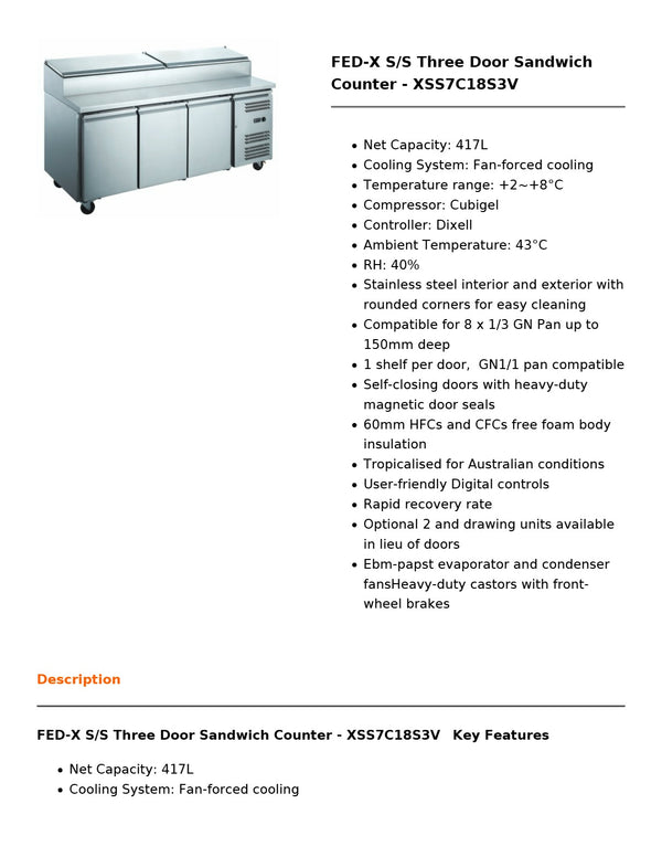 FED-X XSS7C18S3V - Sandwich Counter