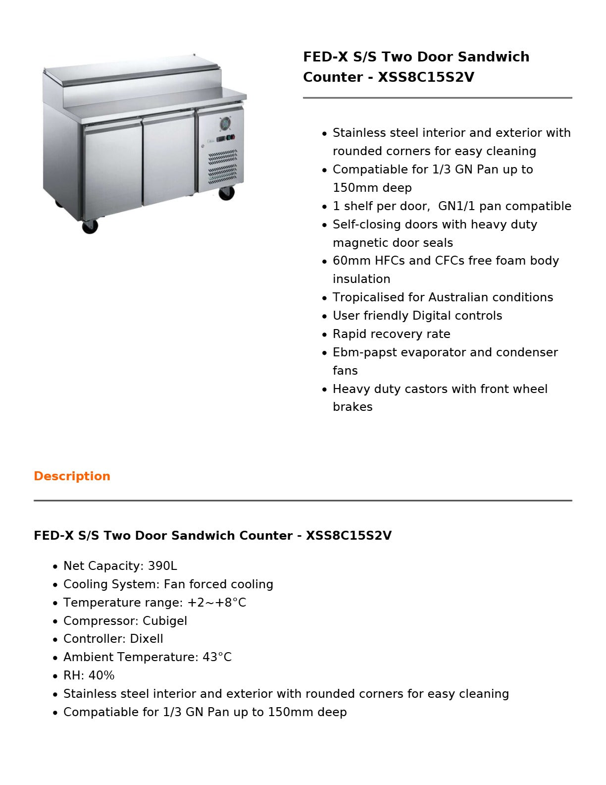 FED-X XSS8C15S2V - Sandwich Counter