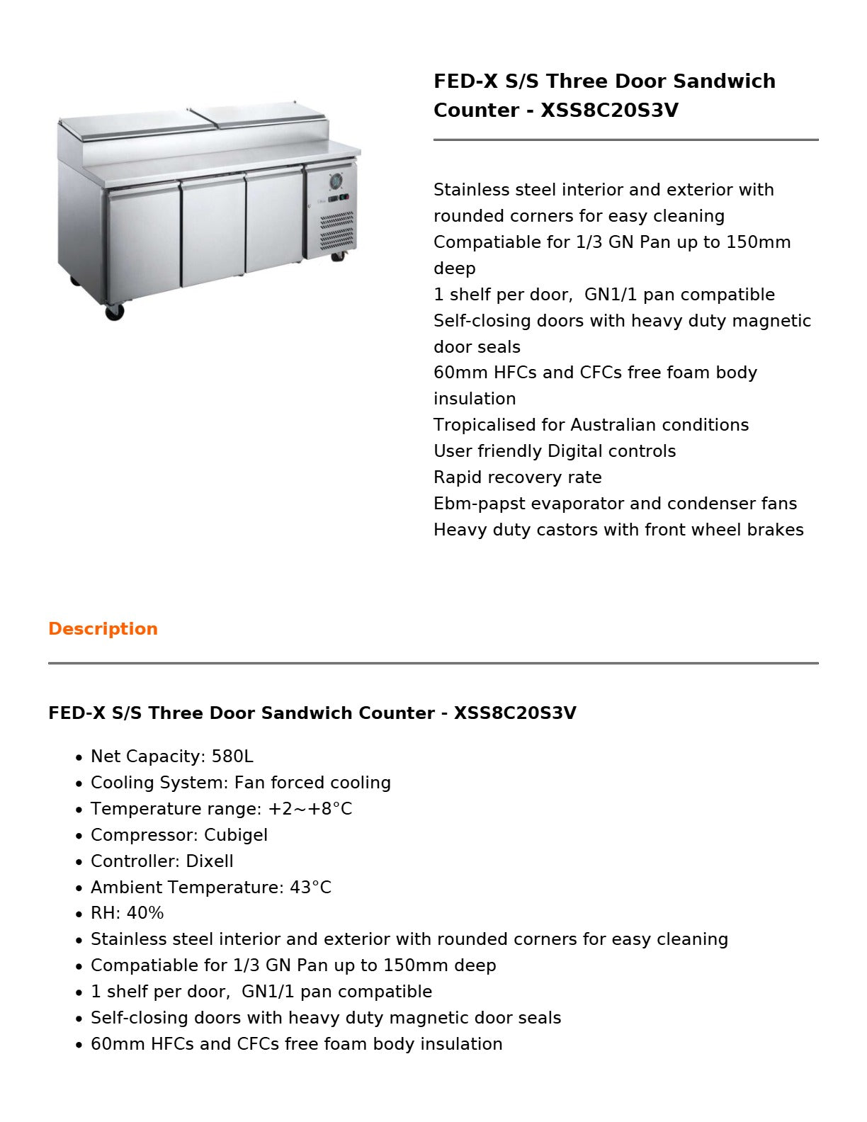 FED-X XSS8C20S3V - Sandwich Counter