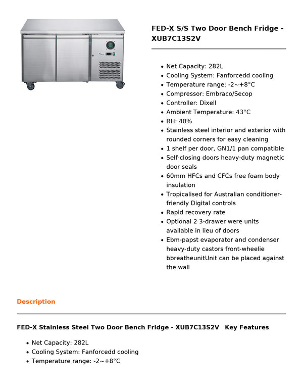 FED-X XUB7C13S2V - Underbench Fridge