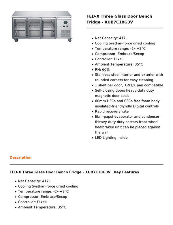 FED-X XUB7C18G3V - Underbench Fridge