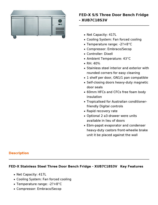 FED-X XUB7C18S3V - Underbench Fridge