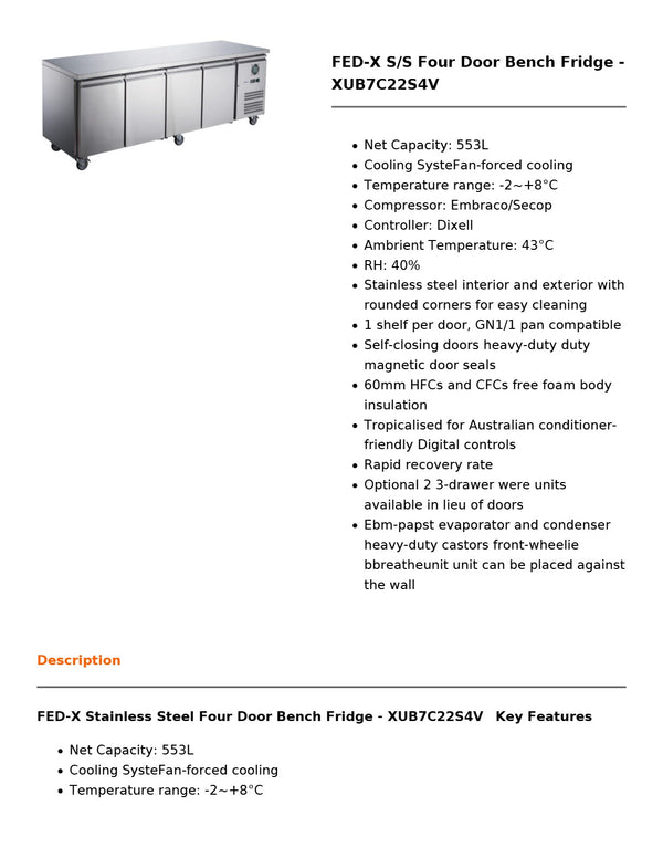 FED-X XUB7C22S4V - Underbench Fridge