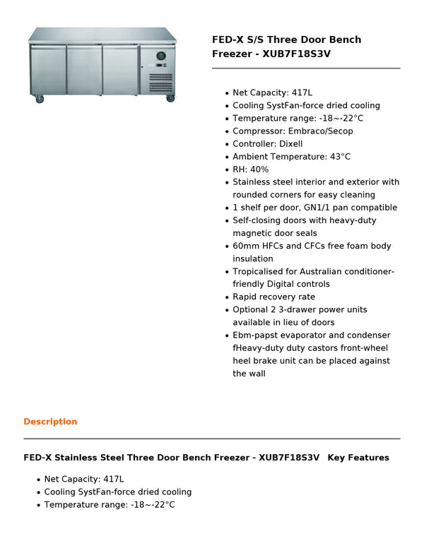 FED-X XUB7F18S3V - Underbench Freezer