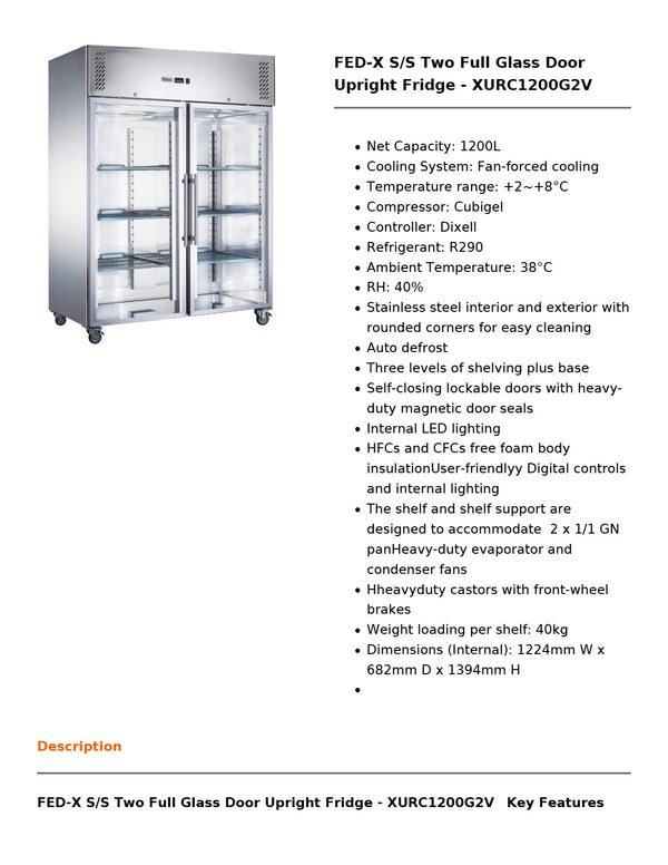 FED-X XURC1200G2V - Upright Fridge
