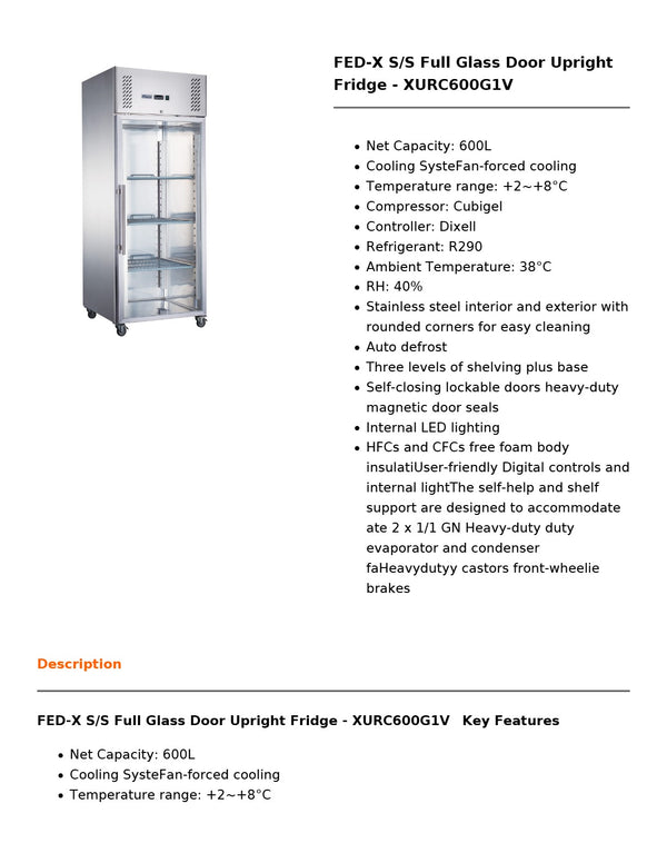 FED-X XURC600G1V - Upright Fridge
