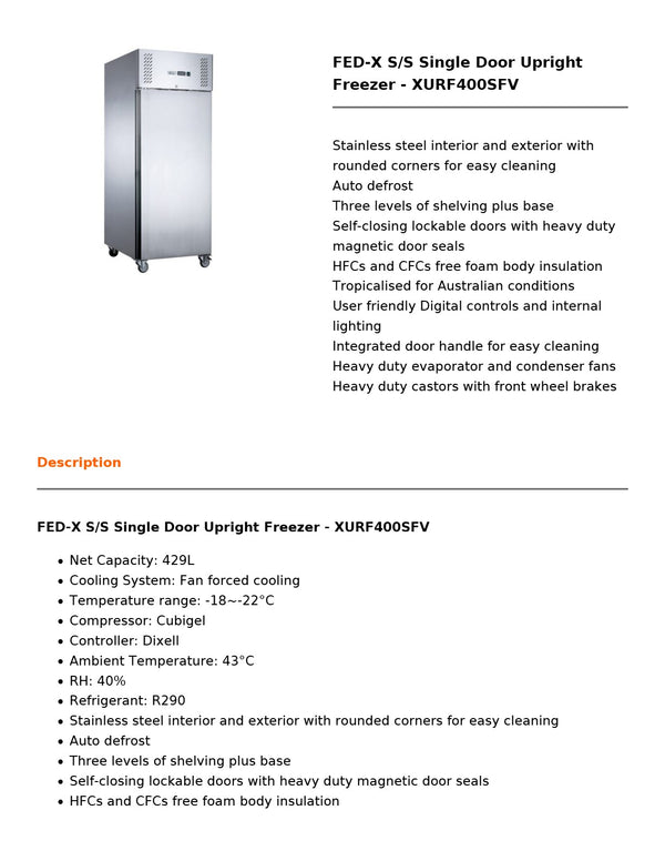 FED-X XURF400SFV - Upright Freezer